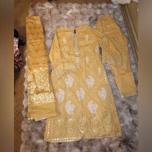 charizma 3 piece suit Elegant Gold Embroidered Suit Set